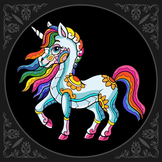 Colorful cute unicorn cartoon zentangle arts isolated on black background