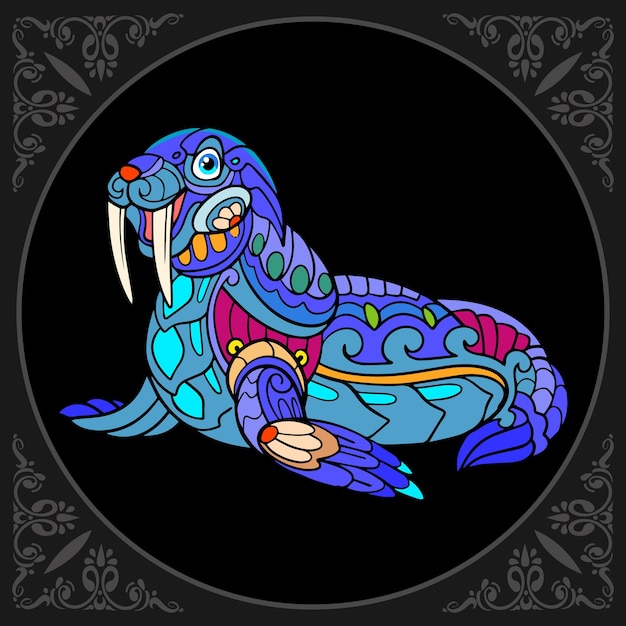 Colorful cute walrus cartoon zentangle arts isolated on black background