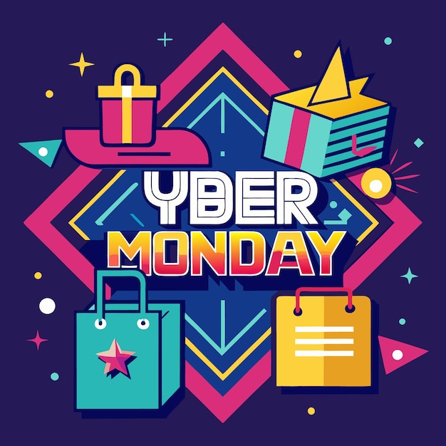 Vector colorful cyber monday sale banner with shopping bags gift boxes and geometric design elements