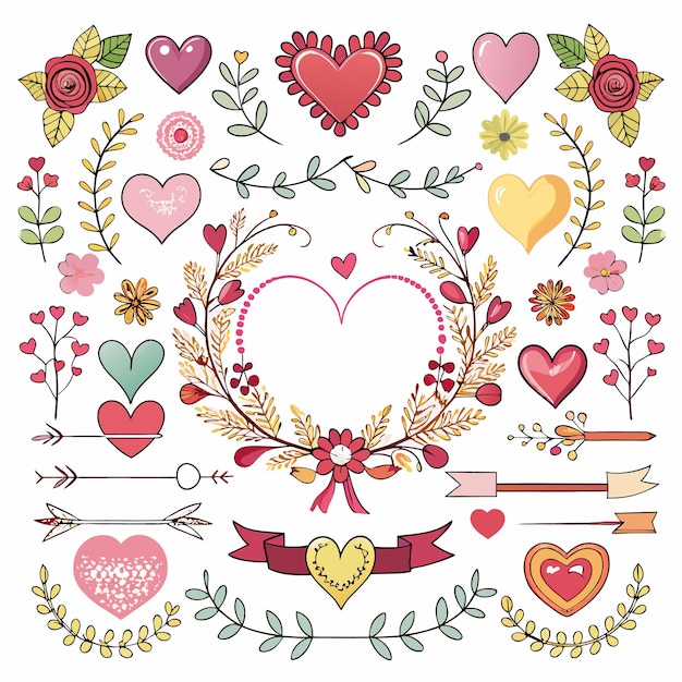 Colorful decorative elements featuring hearts and floral designs