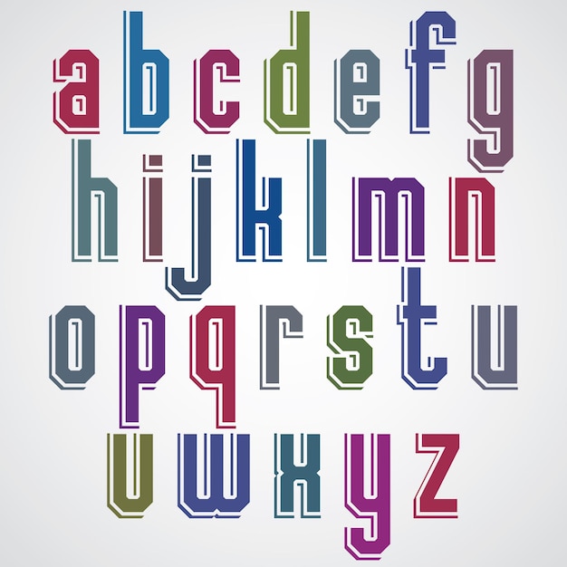 Colorful decorative font, geometric lowercase letters with white outline.