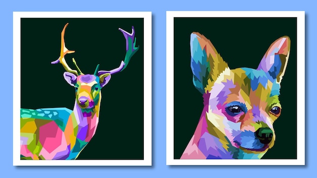 colorful deer and dog pop art portrait isolated decoration