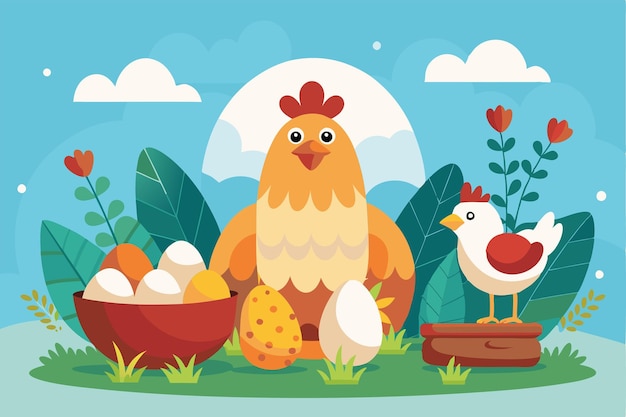 Vector a colorful depiction featuring a chicken multiple eggs and a small bird among plants and flowers customizable flat illustration of eggs and chicken