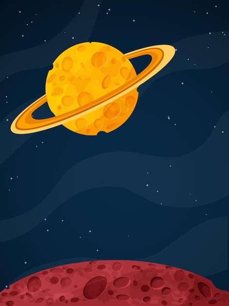 Vector colorful depiction of saturn with its rings against a dark starry background over a red planet