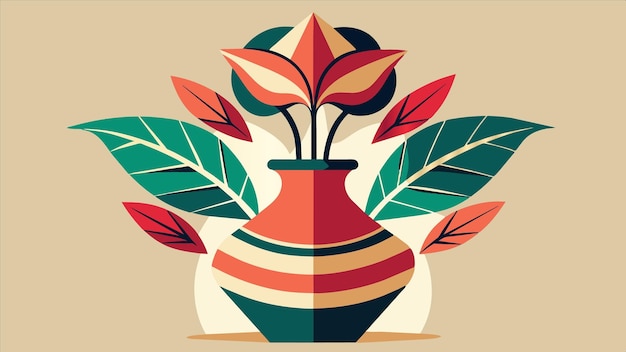 Vector a colorful design of a vase with leaves and a flower on it