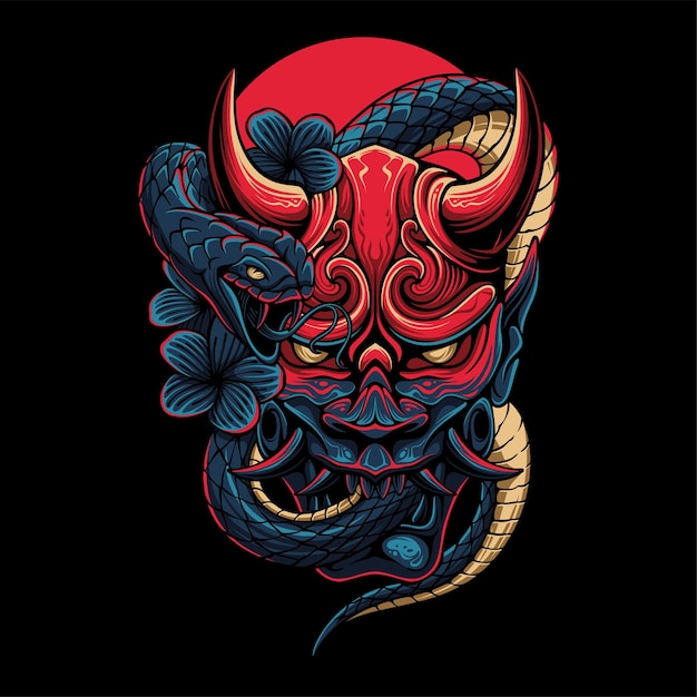 Colorful The devils mask with a snake wrapped around it on a circle background for t shirt design