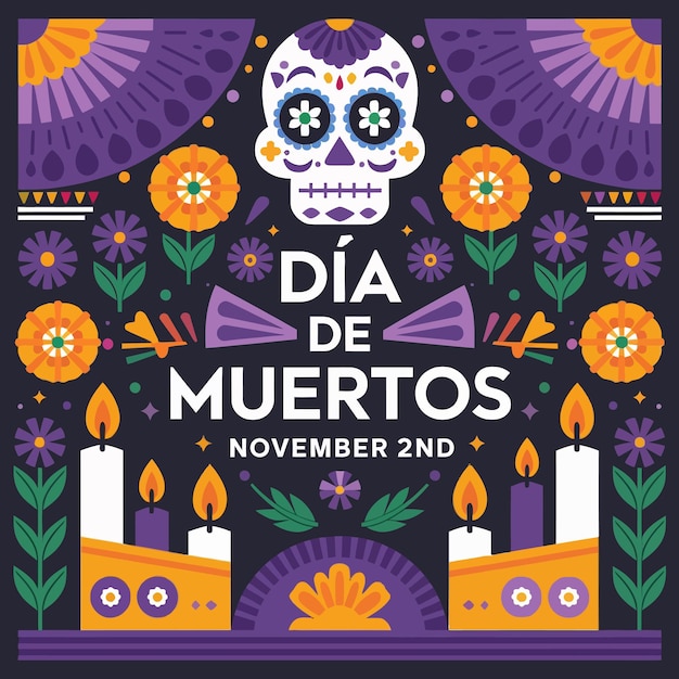 Colorful Dia de Muertos Celebration with Sugar Skull and Candles