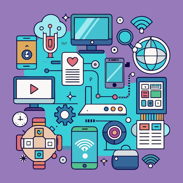 Vector colorful digital technology concept with icons of devices and internet symbols