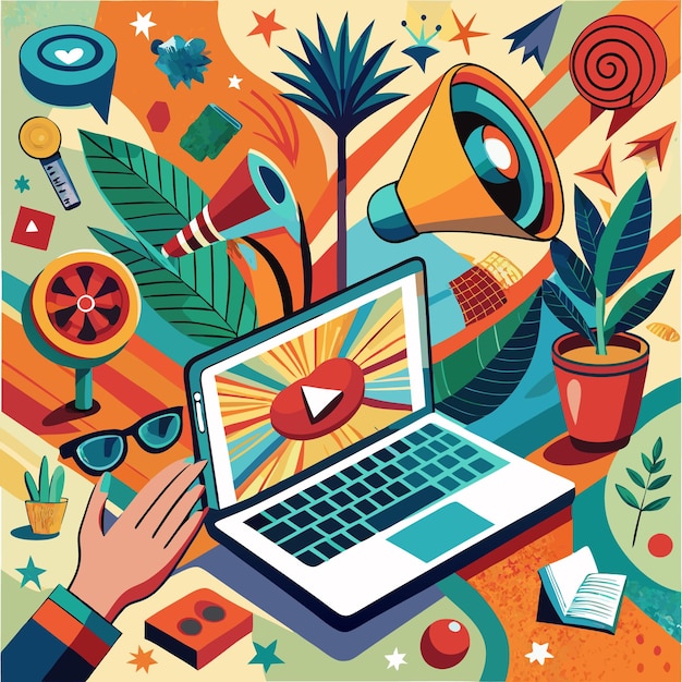 Colorful digital workspace featuring a laptop and creative elements