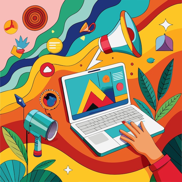 Colorful digital workspace with a laptop and creative elements