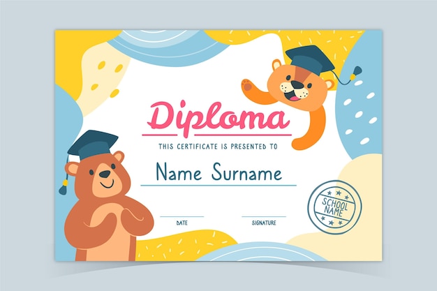 Colorful diploma template for kids with little bears