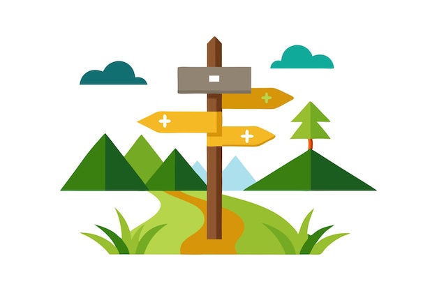 Vector colorful direction signpost in scenic mountain landscape with trees and hills