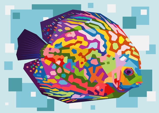 Vector colorful discus fish in pop art style isolated on geometry background