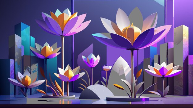 a colorful display of flowers and plants with purple flowers