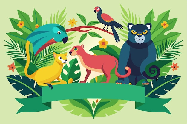 Vector a colorful display showcases a parrot lemur panther and frog surrounded by vibrant green foliage in a lively tropical environment