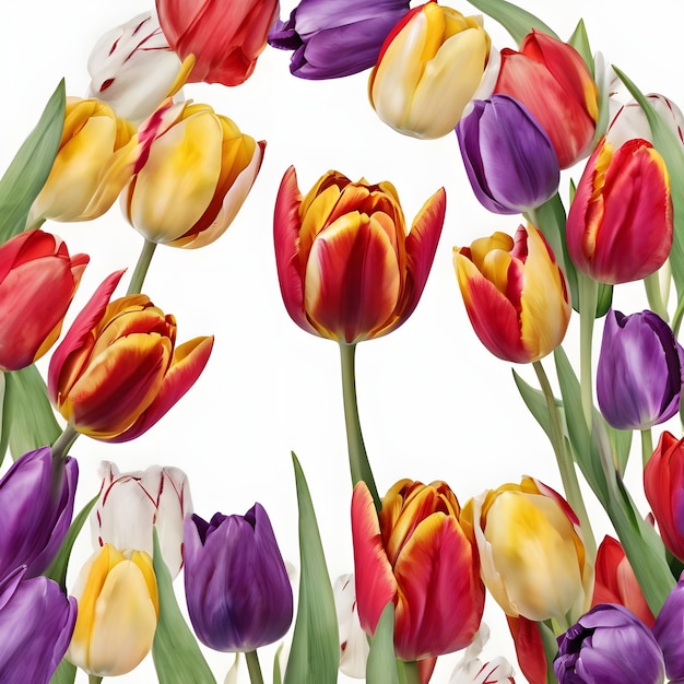 a colorful display of tulips with a white background