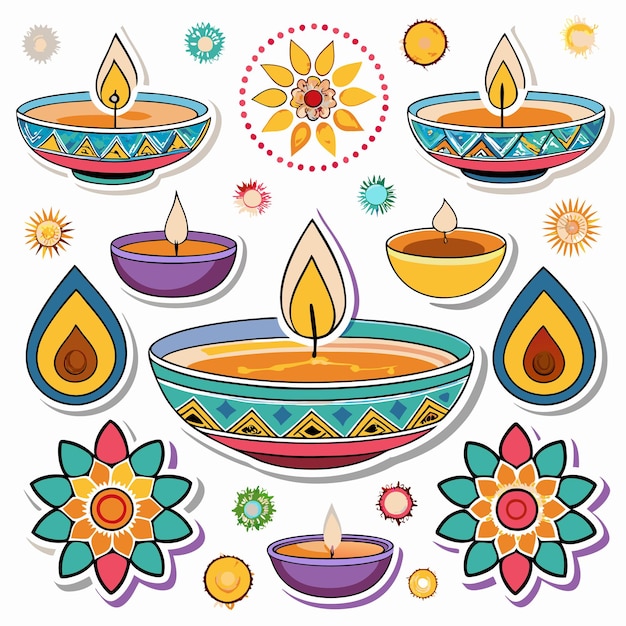 Colorful Diwali diya candles decorative elements and traditional patterns