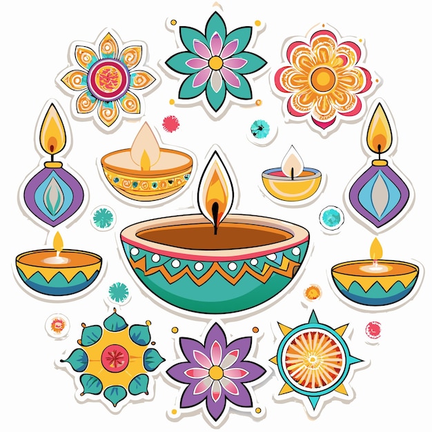 Colorful Diwali diya and floral design stickers isolated on white background