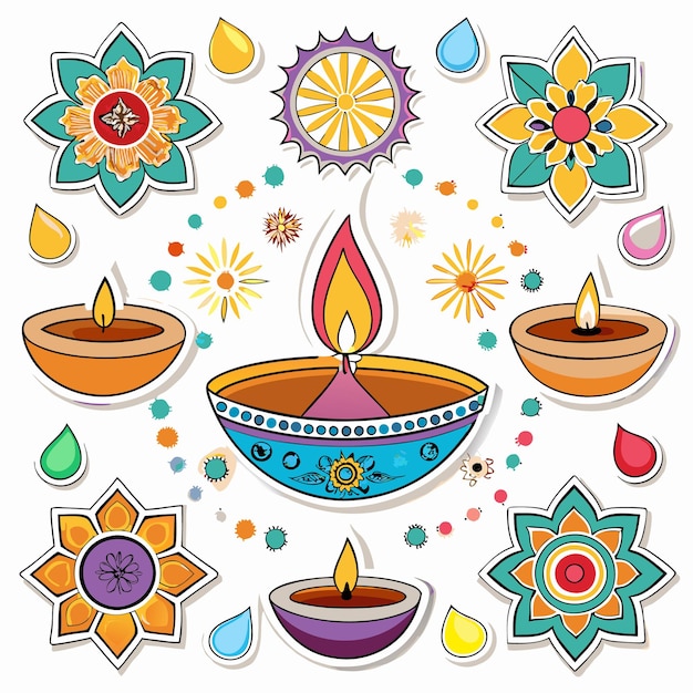 Colorful Diwali diya lamps flowers and water drops on white background