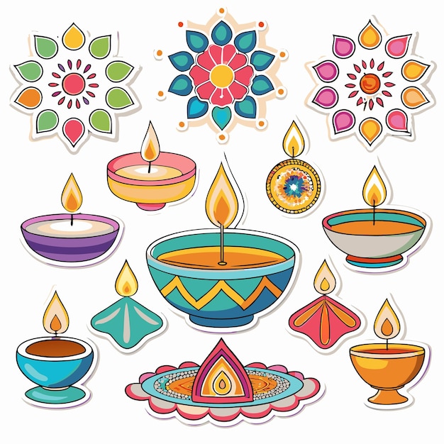 Colorful diya candles with decorative elements isolated on white background