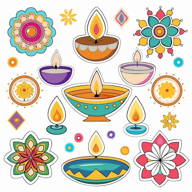 Colorful diya lamps with flower designs isolated on white background