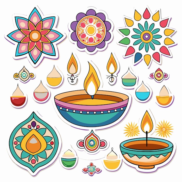 Colorful diya mandala and flame stickers set