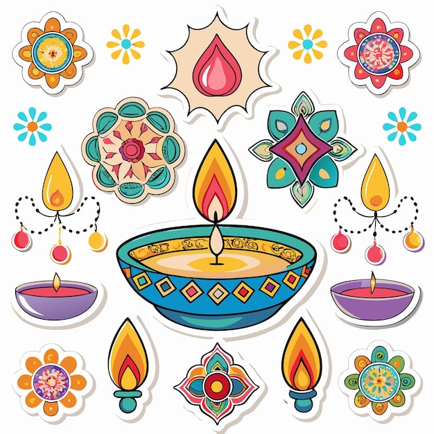 Colorful diya stickers with floral designs on a white background