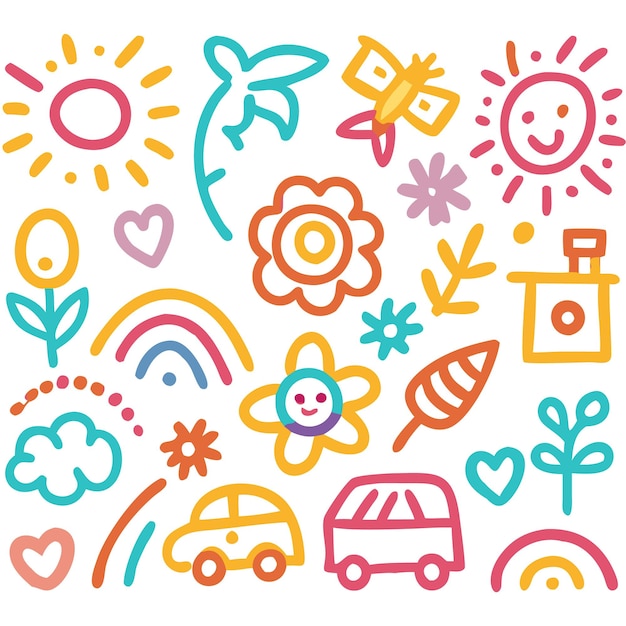 Colorful Doodle Art with Sun Flowers and Cars