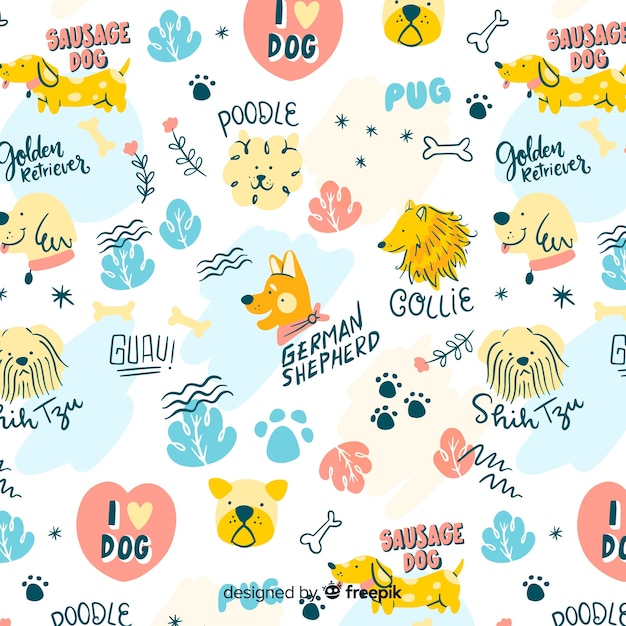 Colorful doodle dogs and words pattern