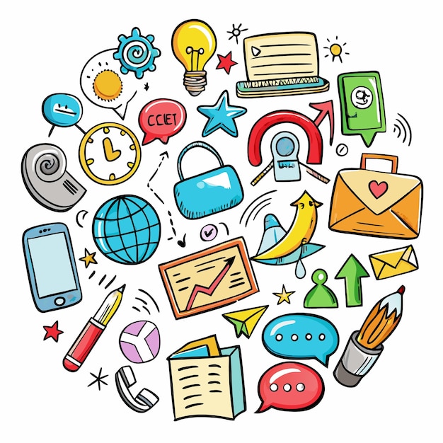 Colorful Doodle Icons Of Communication Technology And Business