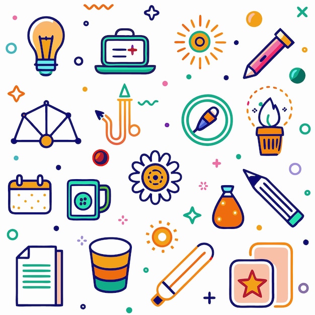 Colorful doodle icons for creativity and innovation with various shapes including a lightbulb sun star and pencil