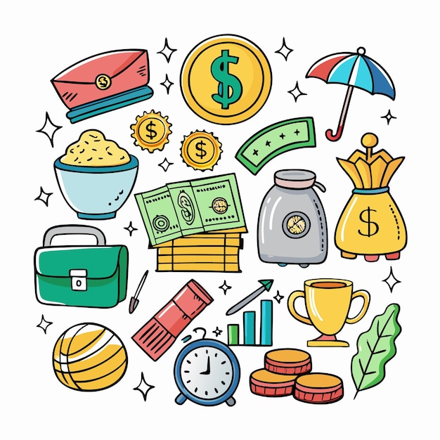 Vector colorful doodle icons of money success and time