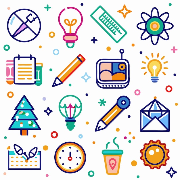 Colorful Doodle Icons Set with Light Bulbs Pencils and a Christmas Tree