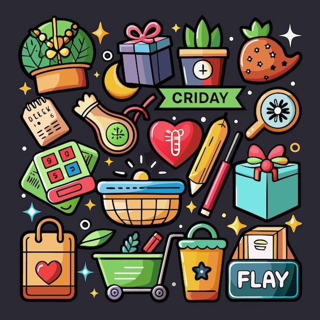 Vector colorful doodle icons of shopping gifts food and drinks on black background