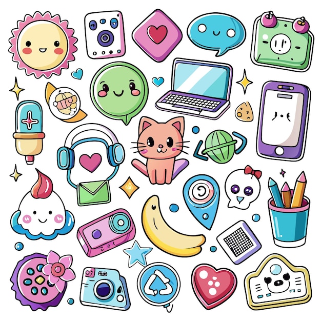 Vector colorful doodle icons with cute faces heart laptop camera phone banana skull sun