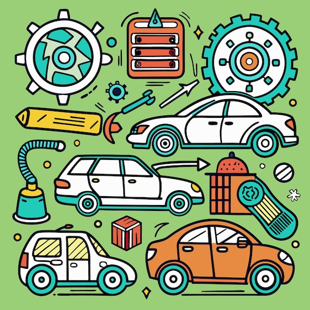 Colorful doodle illustration of cars with different objects