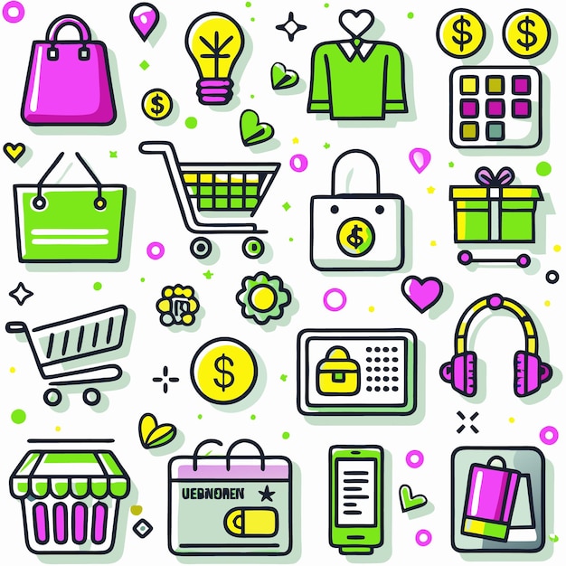 Colorful doodle illustrations of shopping finance and online marketing icons