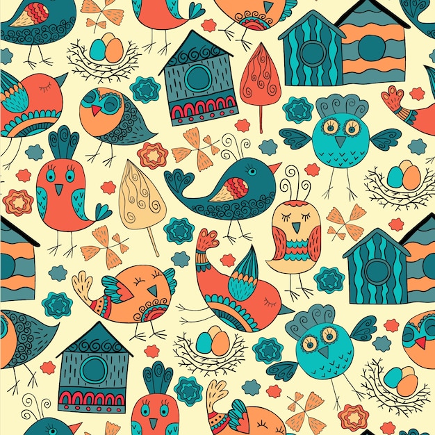 Colorful doodle seamless pattern with birds.