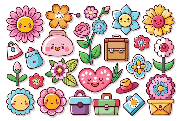 Colorful doodles of flowers bags and hearts in a playful style