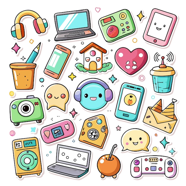 Colorful doodles of tech gadgets and playful icons