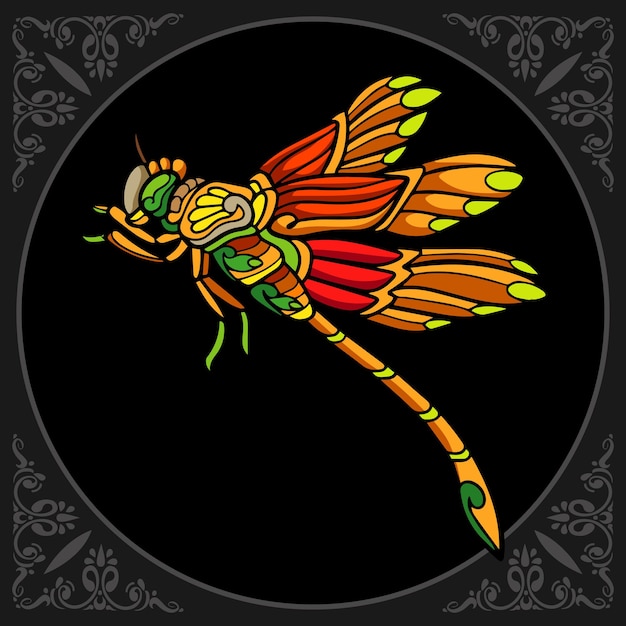 Vector colorful dragonfly zentangle arts isolated on black background