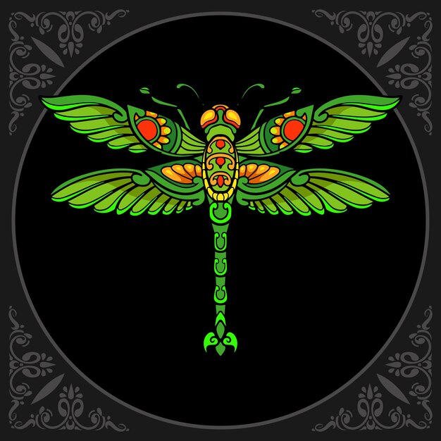 Vector colorful dragonfly zentangle arts isolated on black background