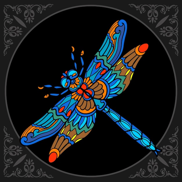 Colorful dragonfly zentangle arts isolated on black background