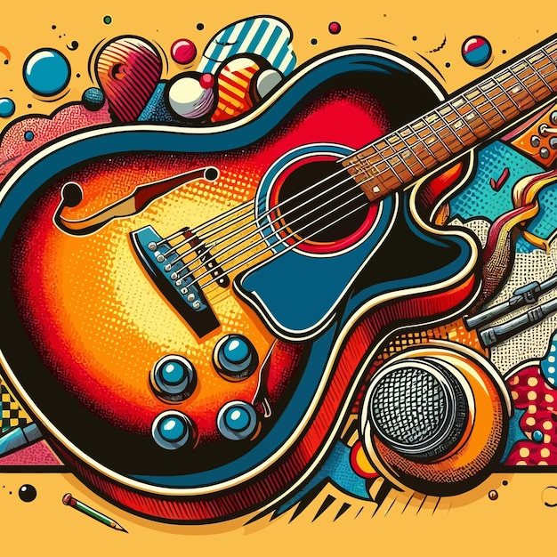 a colorful drawing of a guitar with a yellow background