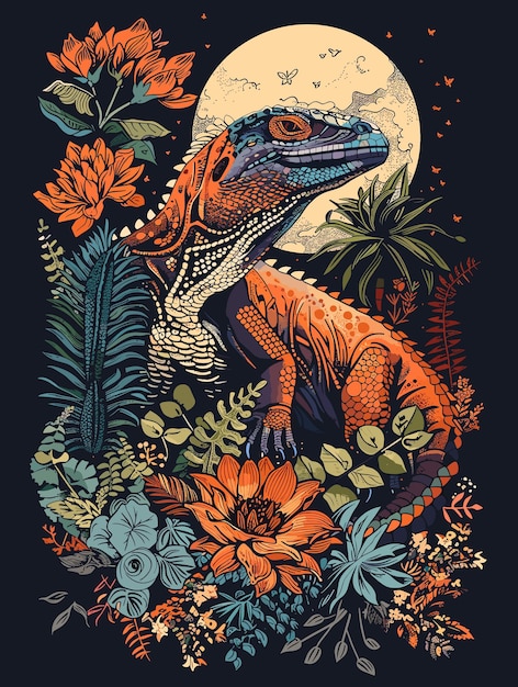 A colorful drawing of a lizard in a jungle with a moon in the background