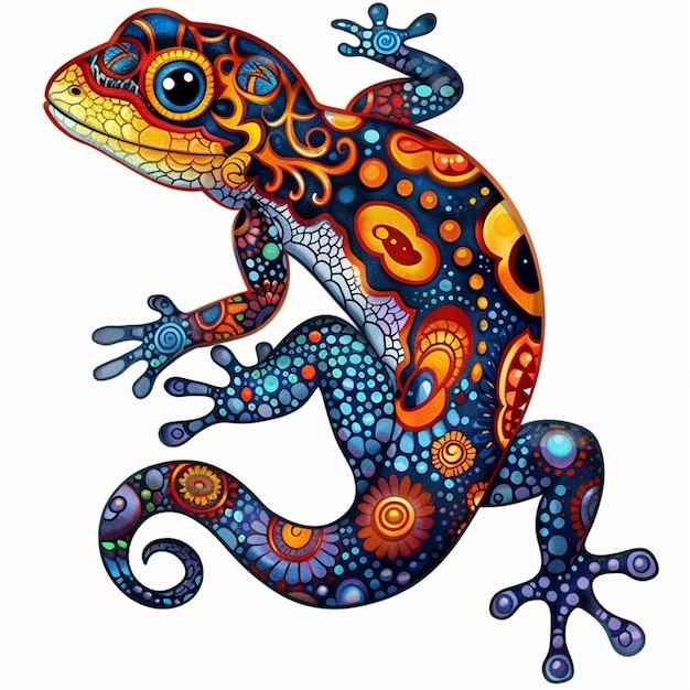 a colorful drawing of a lizard with colorful patterns and a blue and orange lizard