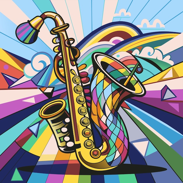 Vector a colorful drawing of a saxophone and a rainbow background