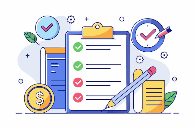 Vector a colorful drawing showcasing a checklist for contract goals alongside clocks and financial symbols contract goals simple drawing