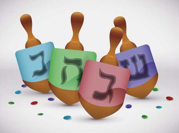 Vector colorful dreidels and confetti for hanukkah's holidays