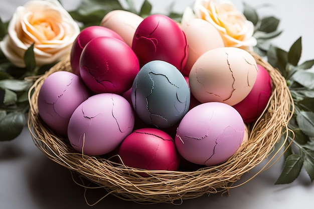 colorful dyed Easter eggs snuggle in a birds nest